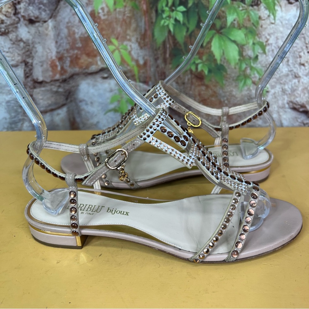 LORIBLU BIJOUX Luxury Tan and Gold Embellished Leather Italian Sandals, 39 - Picture 8 of 15